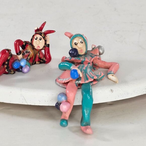 Vintage Handmade Harlequin Jester Figurine Set Signed FLAWS - Picture 2 of 10